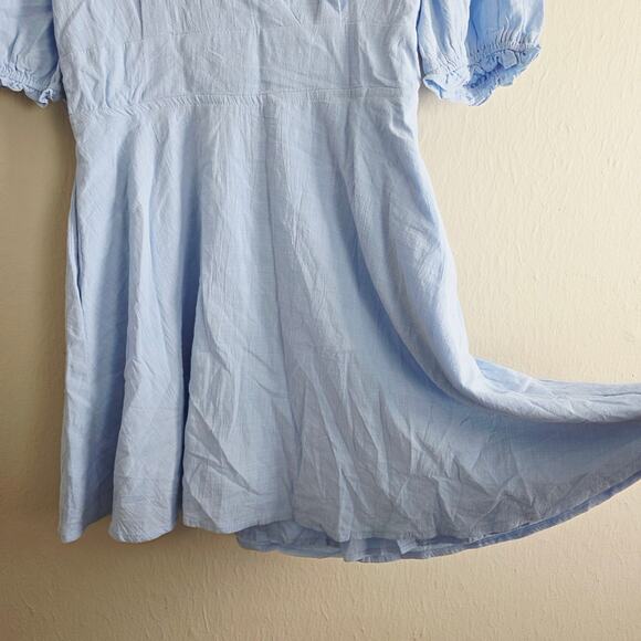 Lulus Dreaming of Paris Blue Puff Sleeve Mini Dress - Cotton Skater Pockets L - Picture 8 of 13